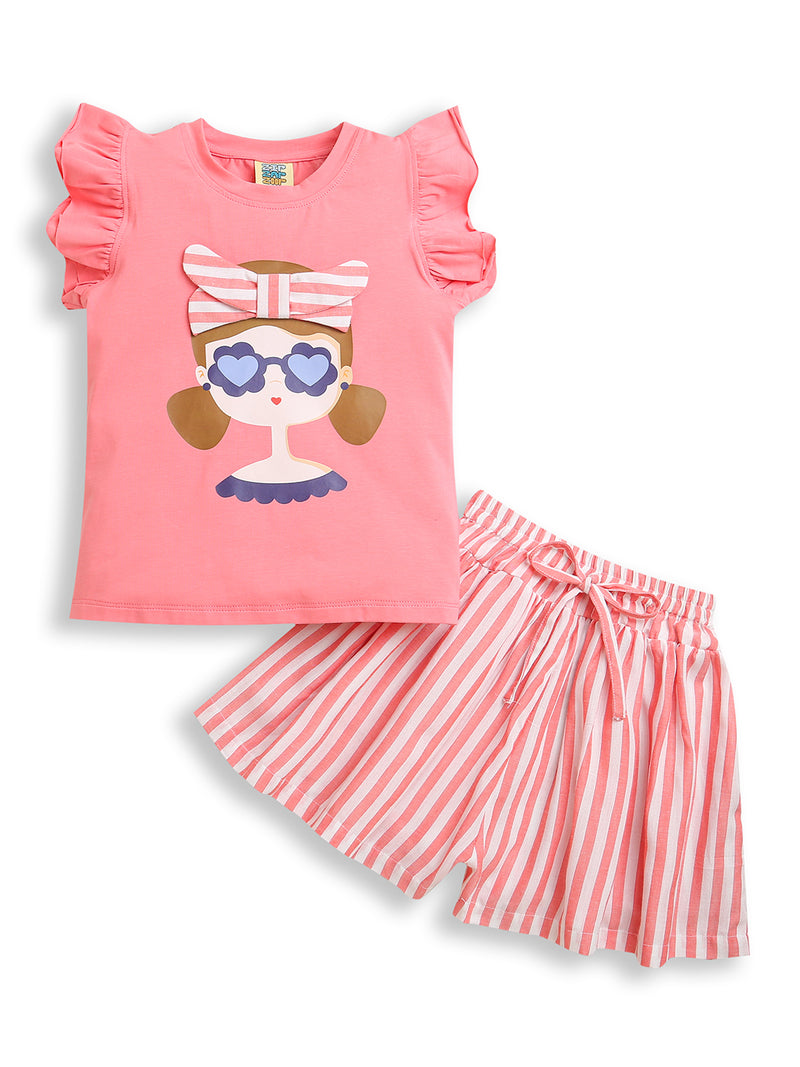 Girls Pink Half Sleeve Printed T-Shirt & Soft Cotton Pant Co-ord Set