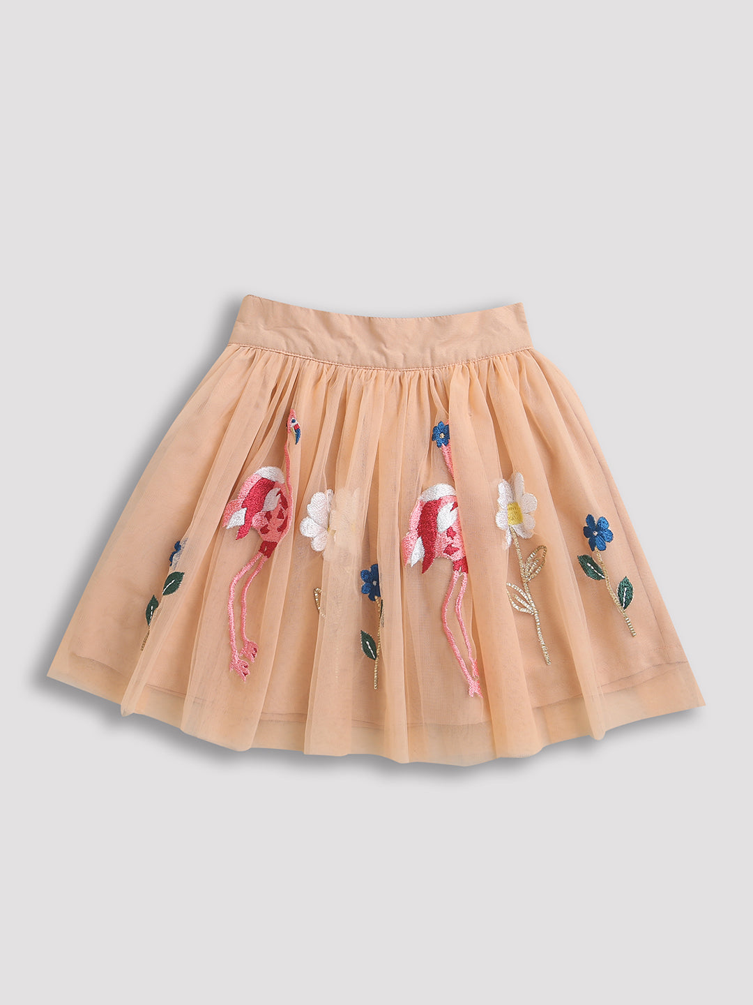 Peach Girl Skirt with Duck and Flower Embroidery