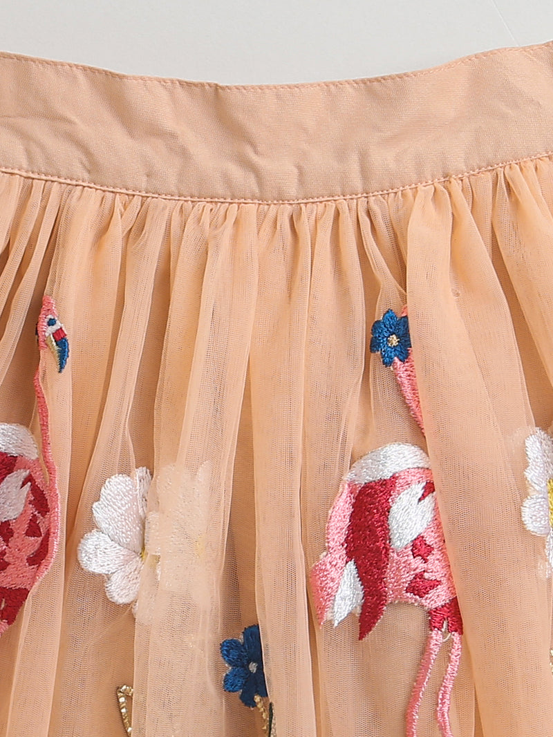 Peach Girl Skirt with Duck and Flower Embroidery