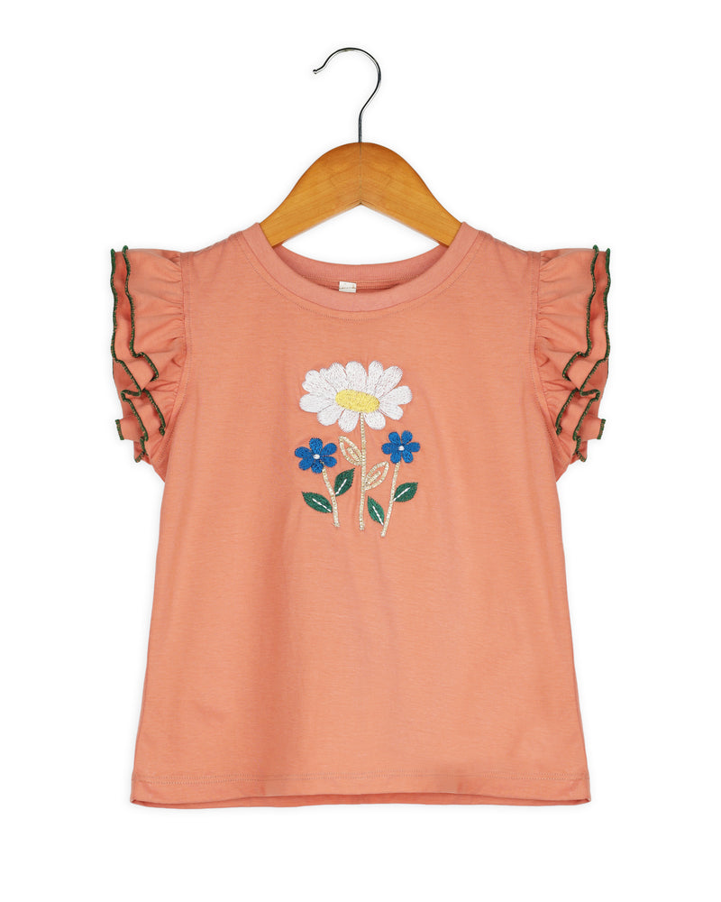 Peach Frill Sleeve Rose Embellished Embroidery Girls T-shirt