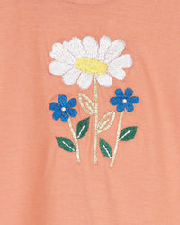 Peach Frill Sleeve Rose Embellished Embroidery Girls T-shirt