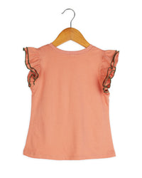 Peach Frill Sleeve Rose Embellished Embroidery Girls T-shirt