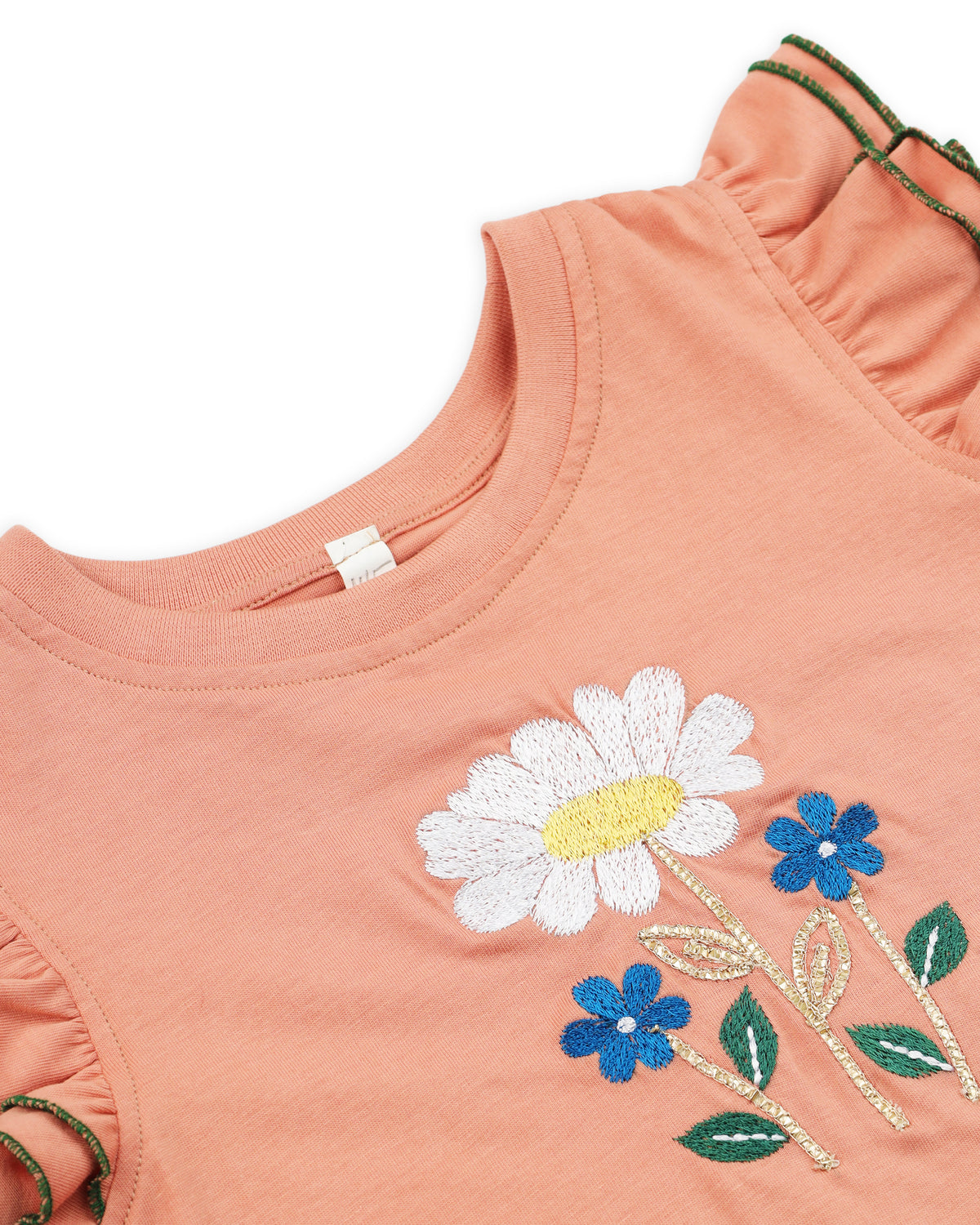 Peach Frill Sleeve Rose Embellished Embroidery Girls T-shirt