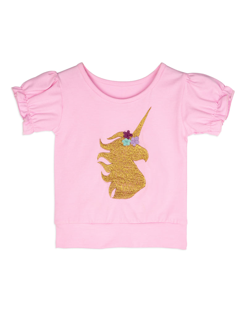 Pink Unicorn Embroidery Cap sleeve Girls T-Shirt