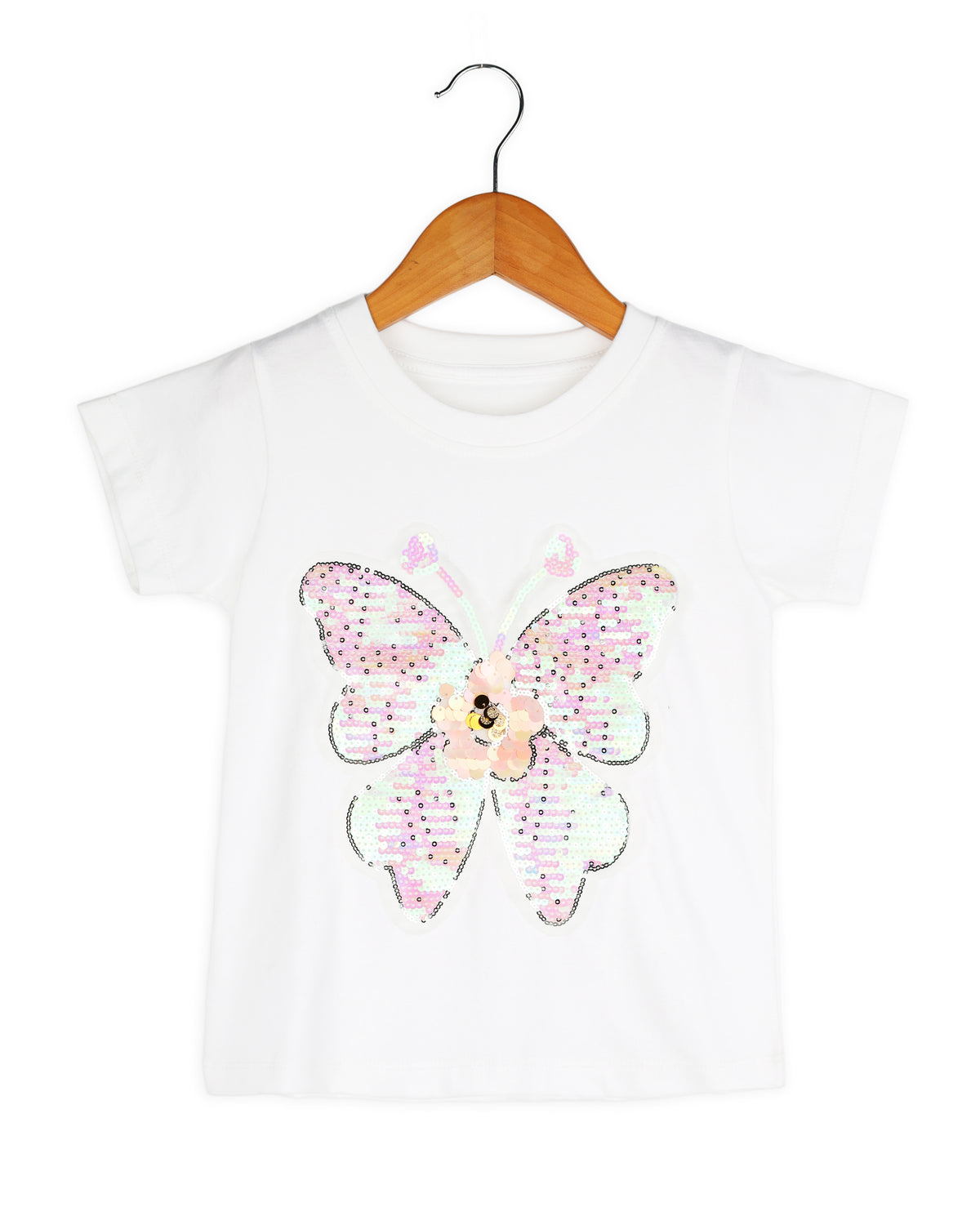 White Half Sleeve Butterfly Printed Girls T-shirt