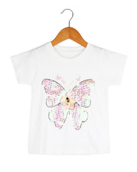 White Half Sleeve Butterfly Printed Girls T-shirt