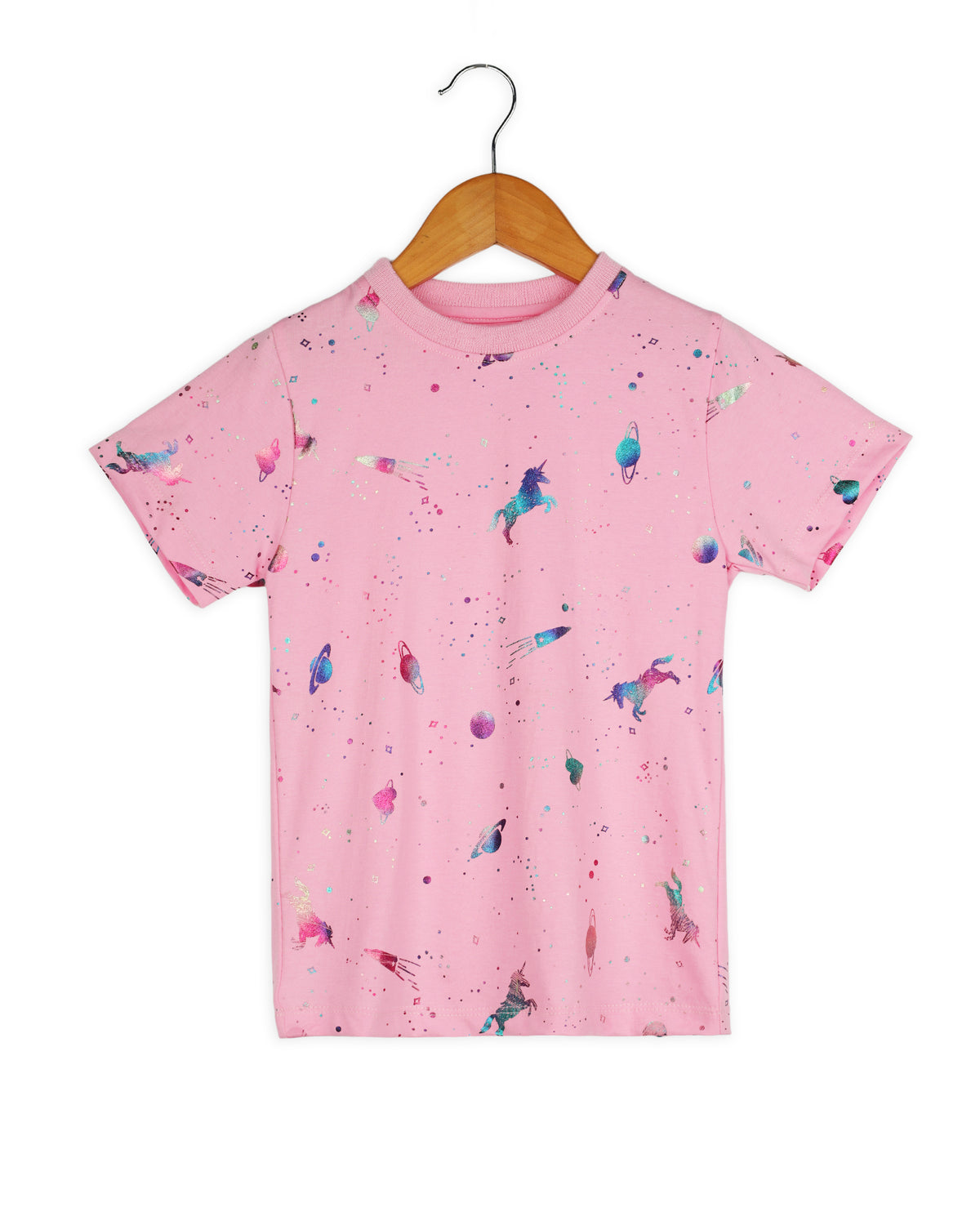 Pink Half Sleeve Unicorn Space 3D Print Girls T-shirt