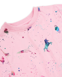 Pink Half Sleeve Unicorn Space 3D Print Girls T-shirt