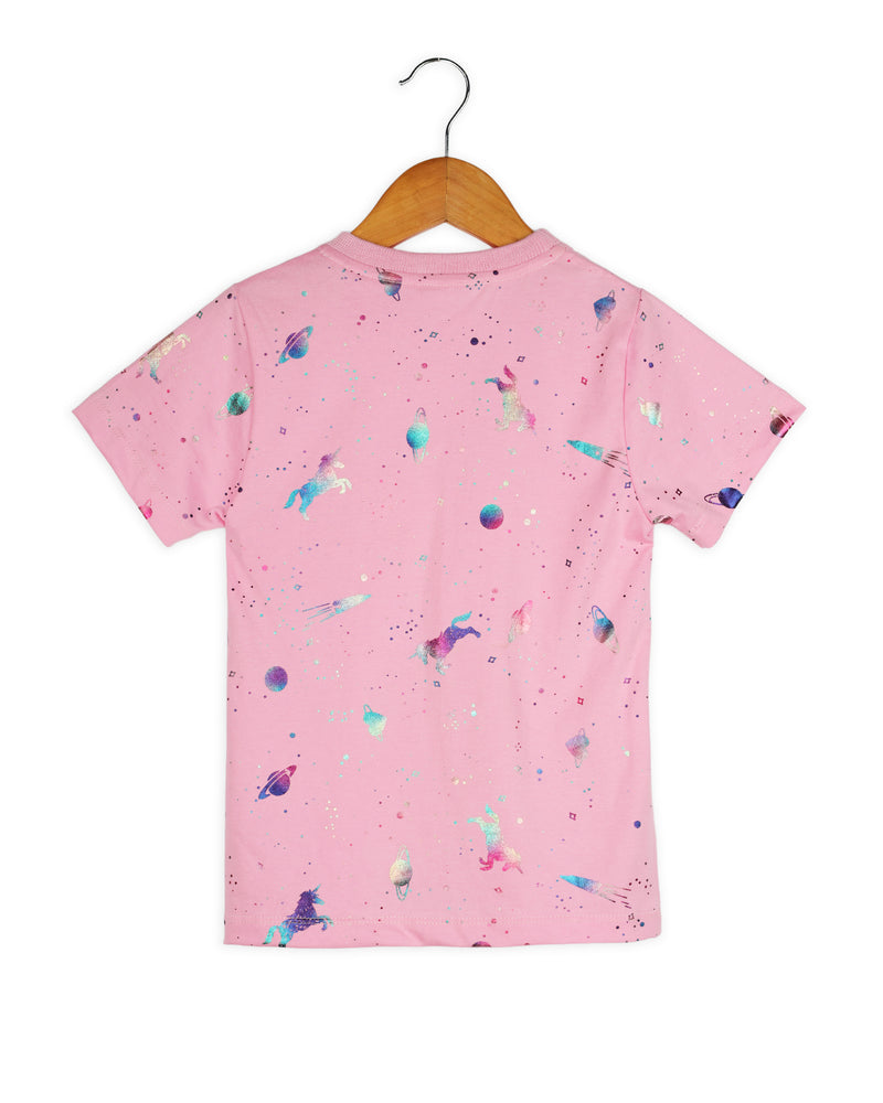 Pink Half Sleeve Unicorn Space 3D Print Girls T-shirt