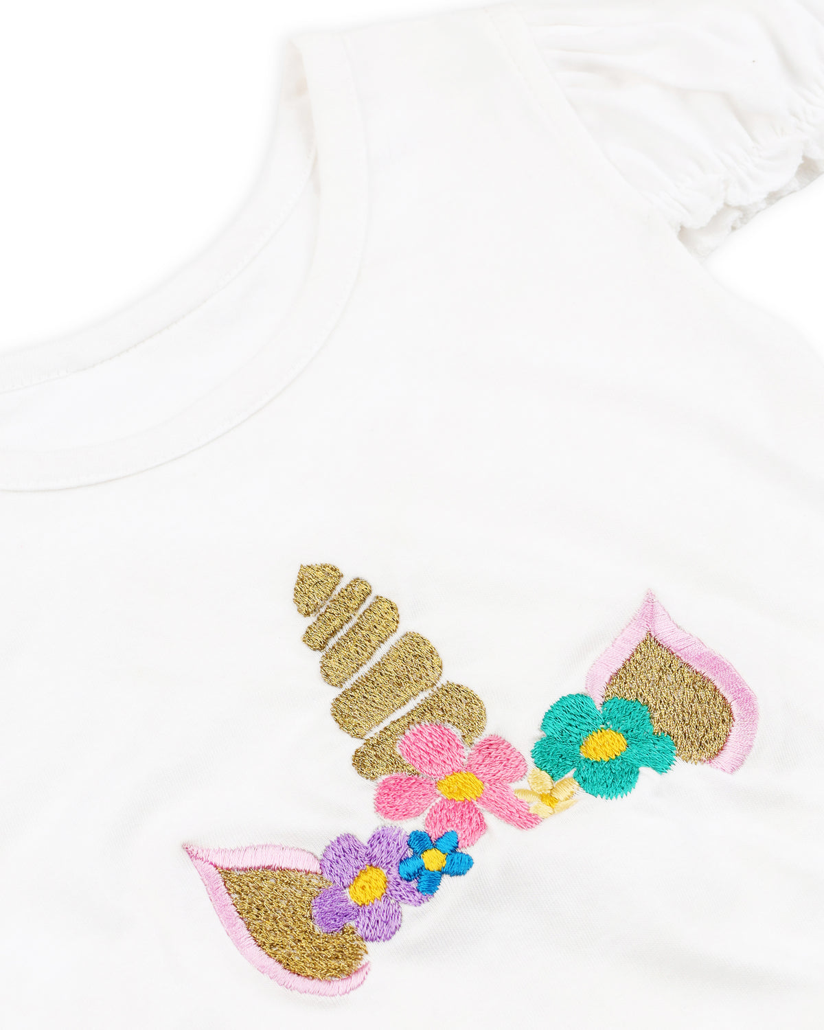 White Half Sleeve Unicorn Embroidery Girls T-shirt