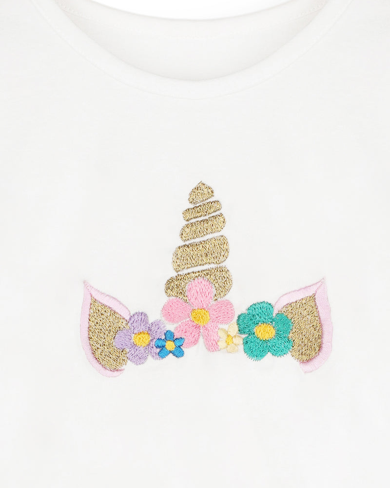 White Half Sleeve Unicorn Embroidery Girls T-shirt