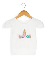 White Half Sleeve Unicorn Embroidery Girls T-shirt