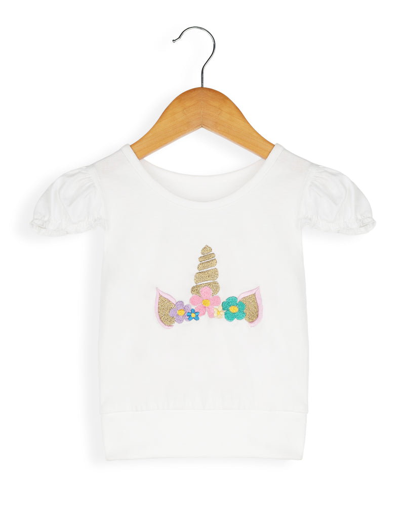 White Half Sleeve Unicorn Embroidery Girls T-shirt