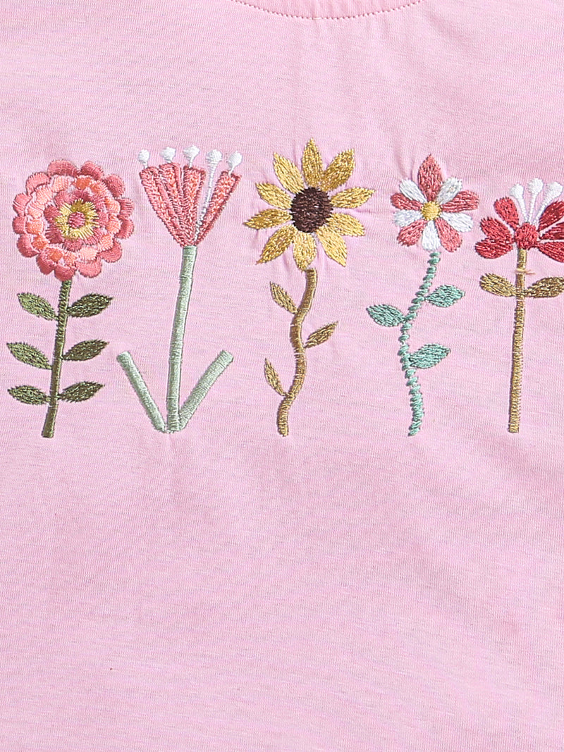 Pink Frill Sleeve Floral Embroidery Girls T-shirt