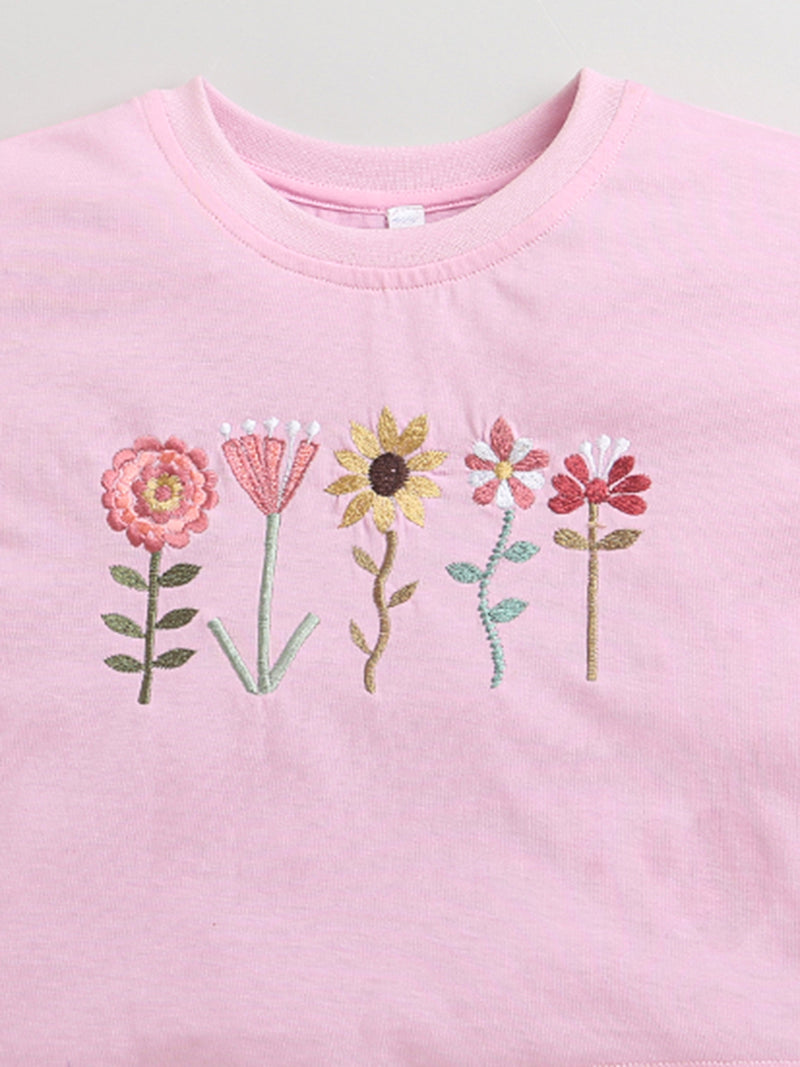 Pink Frill Sleeve Floral Embroidery Girls T-shirt