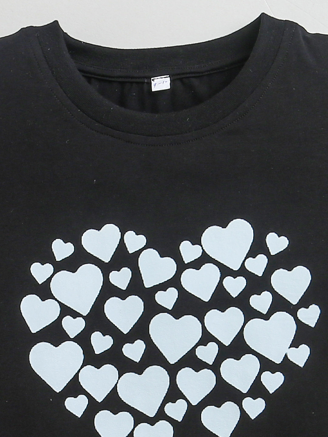 Black Frill Sleeve White Heart Print Cotton T-shirt