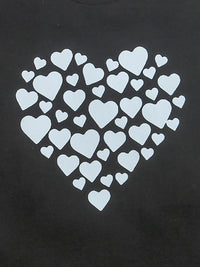 Black Frill Sleeve White Heart Print Cotton T-shirt