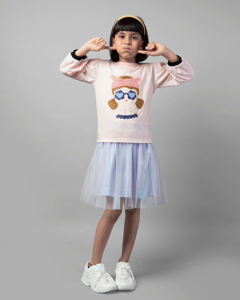 Girls Pink and Sky Blue Full Sleeve Printed T-Shirt and Net Skirt Co-ord Set