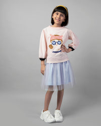 Girls Pink and Sky Blue Full Sleeve Printed T-Shirt and Net Skirt Co-ord Set