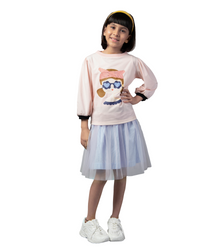 Girls Pink and Sky Blue Full Sleeve Printed T-Shirt and Net Skirt Co-ord Set