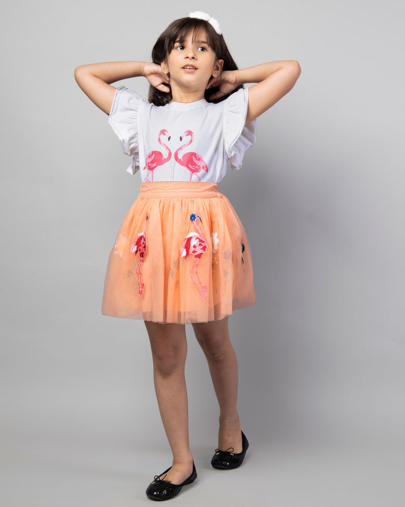 Girls White Printed T-Shirt and Orange flamingo Embroidery Skirt Co-Ord Set