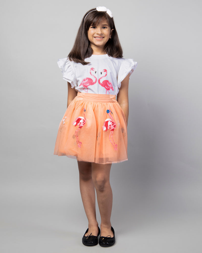 Girls White Printed T-Shirt and Orange flamingo Embroidery Skirt Co-Ord Set