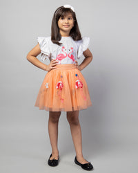 Girls White Printed T-Shirt and Orange flamingo Embroidery Skirt Co-Ord Set