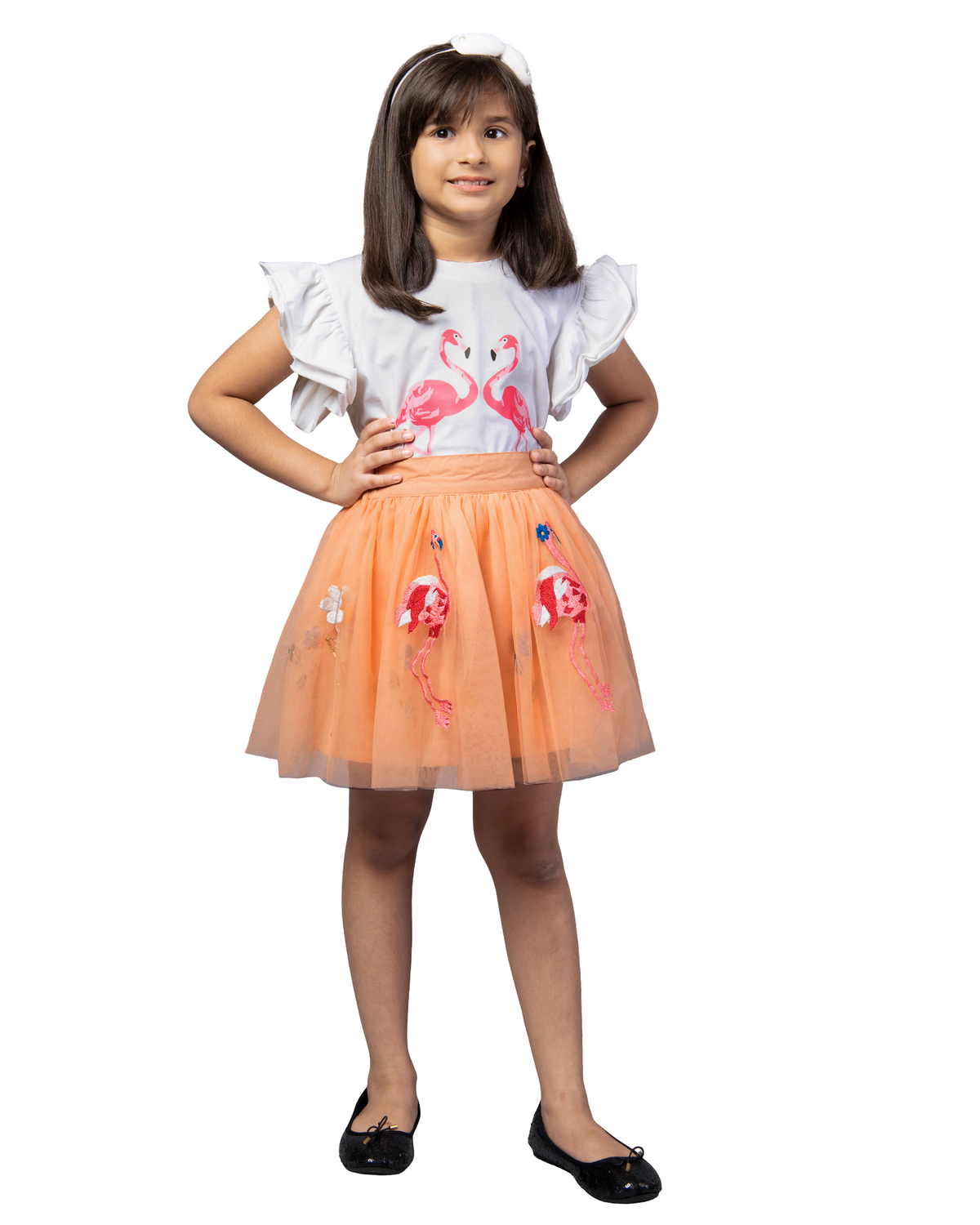 Girls White Printed T-Shirt and Orange flamingo Embroidery Skirt Co-Ord Set