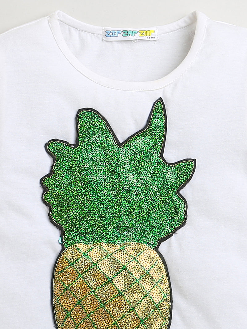 White Half Sleeve Pineapple Patch Cotton Girls T-shirt