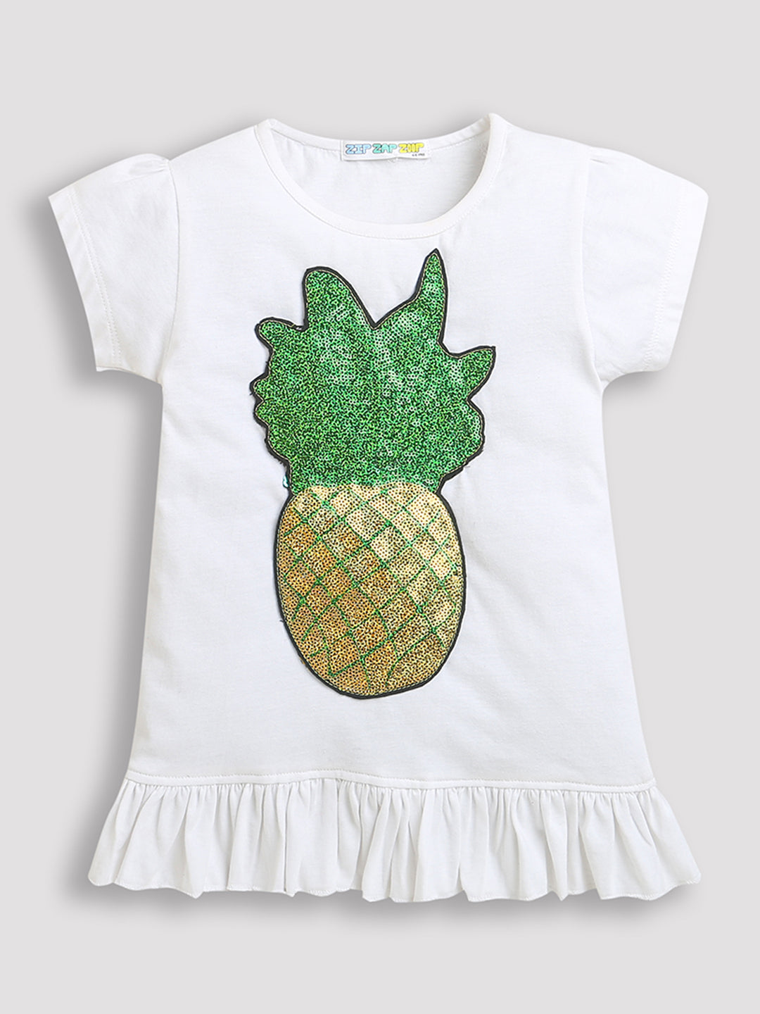 White Half Sleeve Pineapple Patch Cotton Girls T-shirt