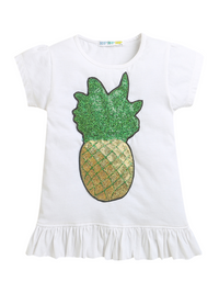 White Half Sleeve Pineapple Patch Cotton Girls T-shirt