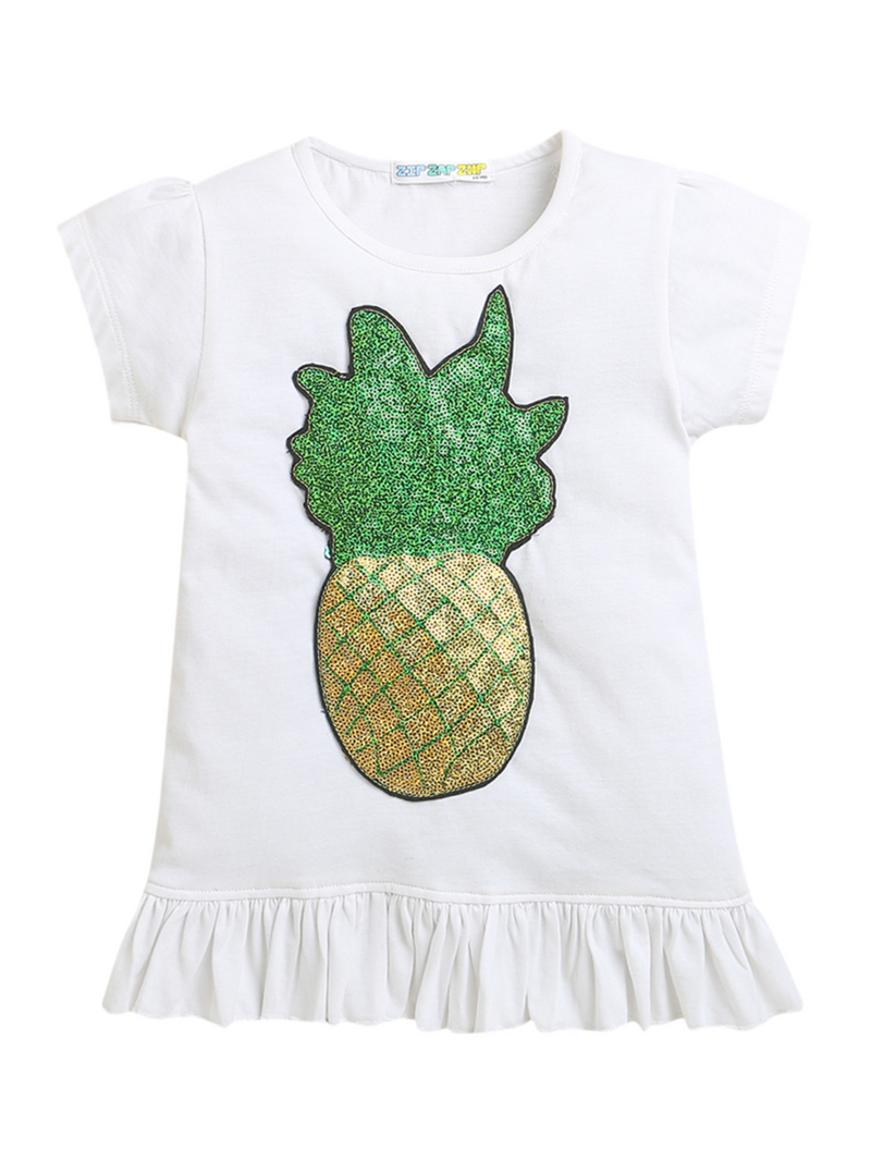 White Half Sleeve Pineapple Patch Cotton Girls T-shirt