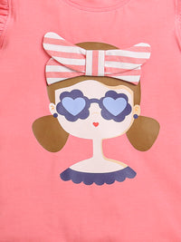 Girls Pink Frill Sleeve Cotton Cute Face and Hairband Print T-shirt