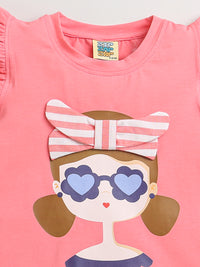 Girls Pink Frill Sleeve Cotton Cute Face and Hairband Print T-shirt