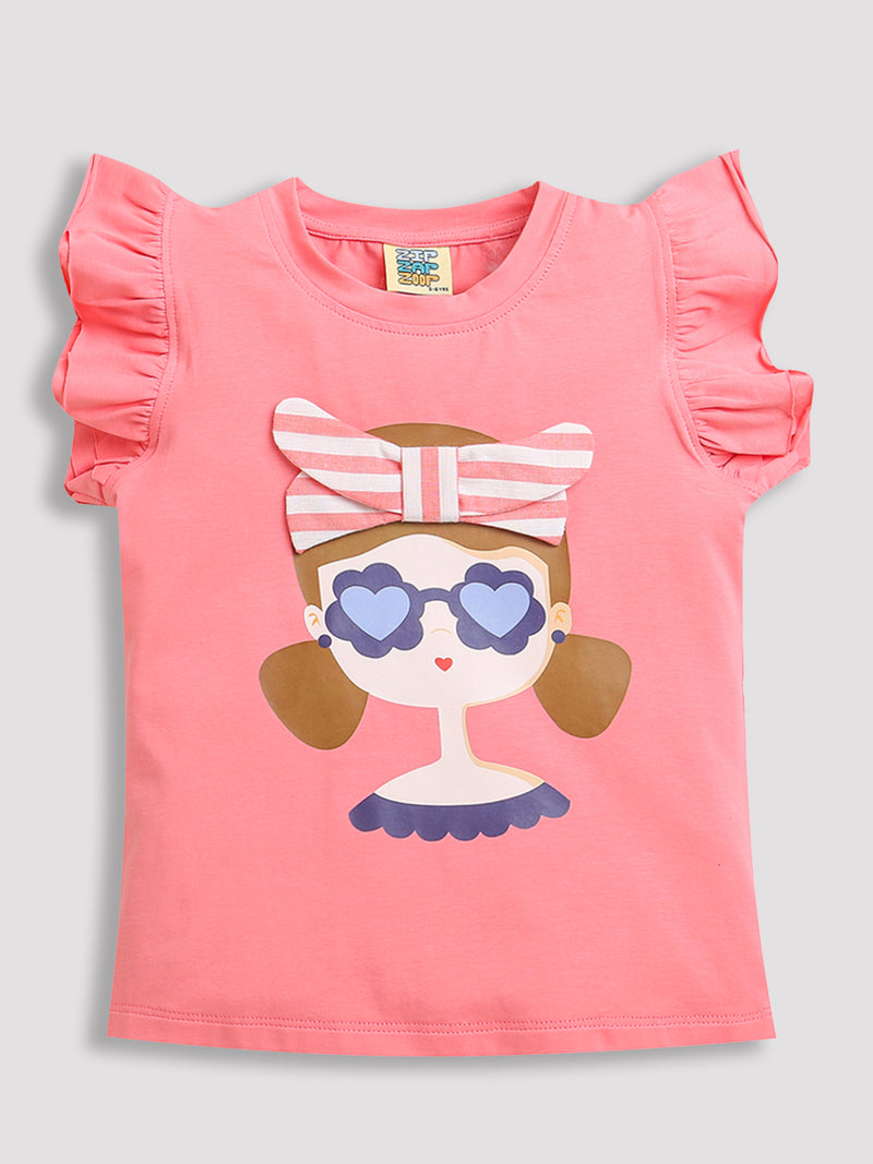 Girls Pink Frill Sleeve Cotton Cute Face and Hairband Print T-shirt