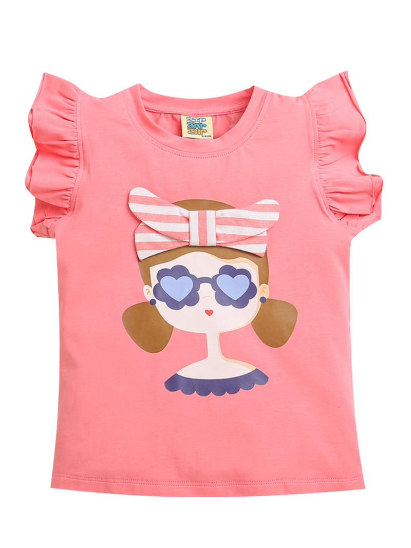 Girls Pink Frill Sleeve Cotton Cute Face and Hairband Print T-shirt