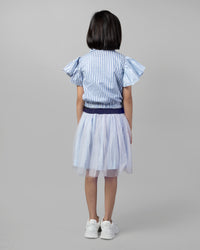 Sky Blue with White Lining Frill Sleeve Jumper Girls Dress