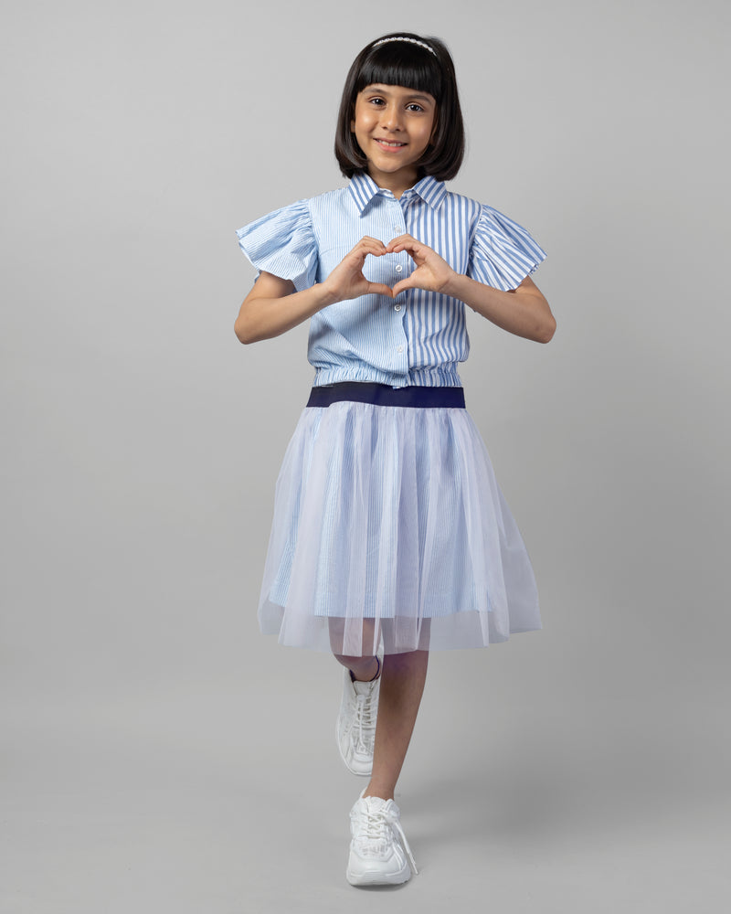 Sky Blue with White Lining Frill Sleeve Jumper Girls Dress