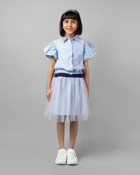 Sky Blue with White Lining Frill Sleeve Jumper Girls Dress