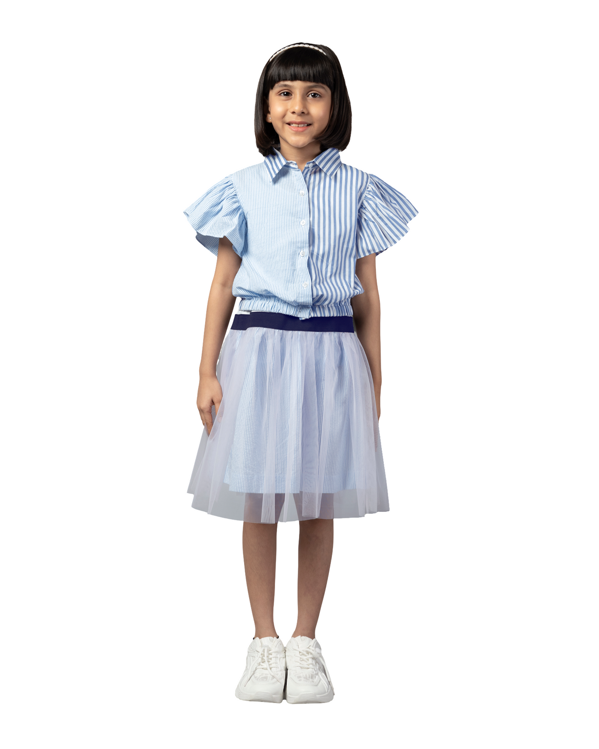 Sky Blue with White Lining Frill Sleeve Jumper Girls Dress