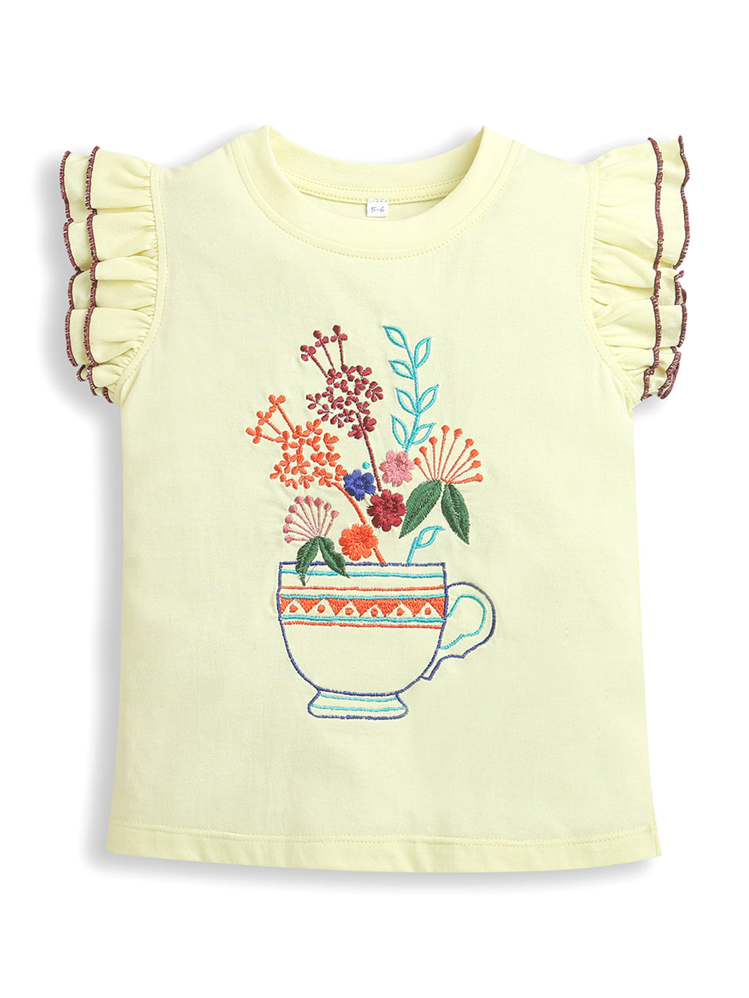 Pink-Orange-Lt Yellow Frill Sleeve Floral Designs Embroidery Girls T-shirts (Pack Of 3)