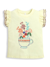 Pink-Orange-Lt Yellow Frill Sleeve Floral Designs Embroidery Girls T-shirts (Pack Of 3)