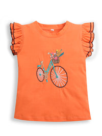 Pink-Orange-Lt Yellow Frill Sleeve Floral Designs Embroidery Girls T-shirts (Pack Of 3)