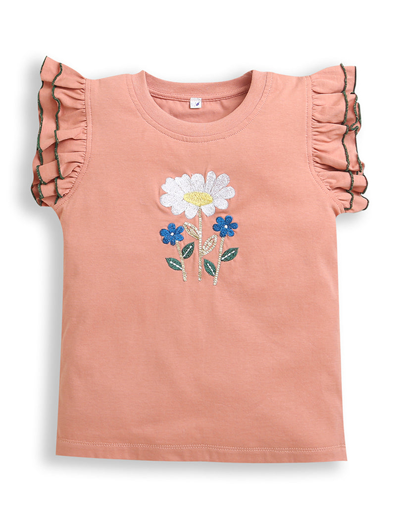 Pink-Orange-Lt Yellow Frill Sleeve Floral Designs Embroidery Girls T-shirts (Pack Of 3)