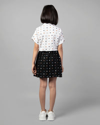 Girls White and Black Half Sleeve Polka Dot Tie-Up Top and Skirt Co-ord Set