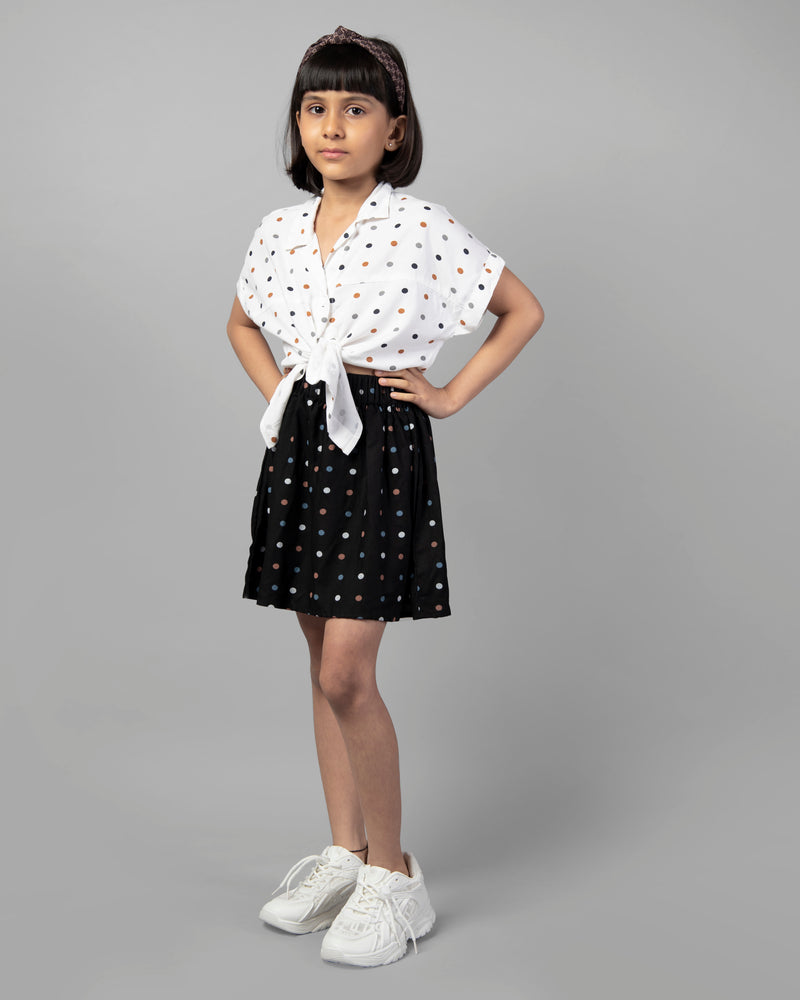 Girls White and Black Half Sleeve Polka Dot Tie-Up Top and Skirt Co-ord Set