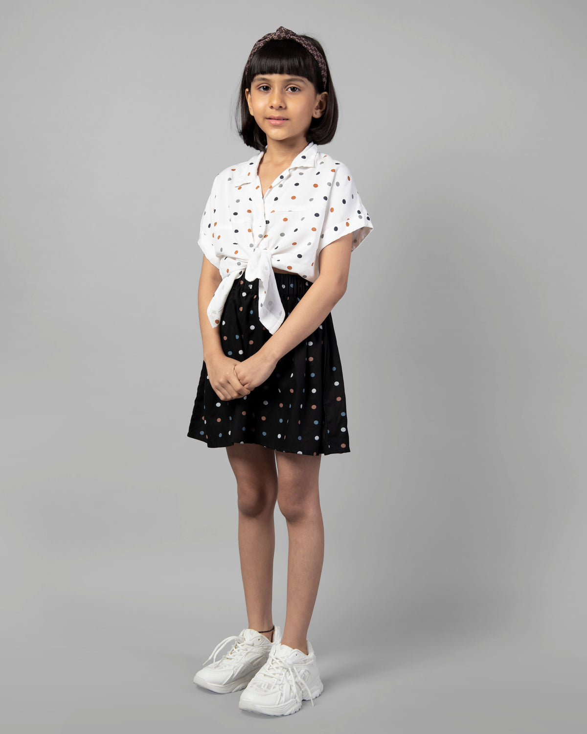 Girls White and Black Half Sleeve Polka Dot Tie-Up Top and Skirt Co-ord Set