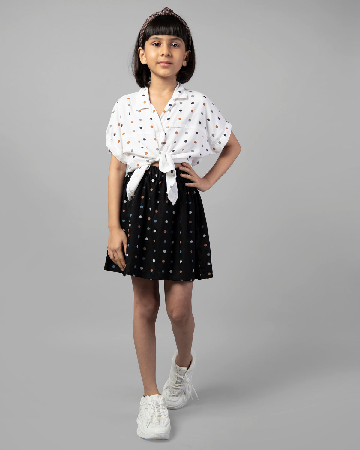 Girls White and Black Half Sleeve Polka Dot Tie-Up Top and Skirt Co-ord Set