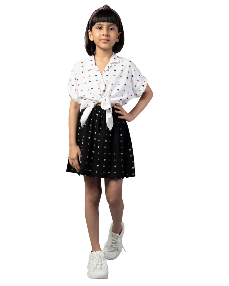 Girls White and Black Half Sleeve Polka Dot Tie-Up Top and Skirt Co-ord Set