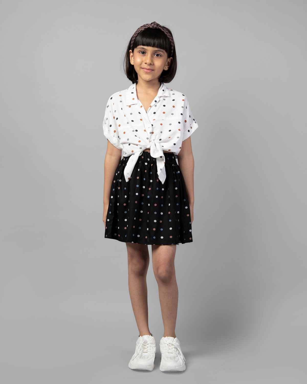 Girls White and Black Half Sleeve Polka Dot Tie-Up Top and Skirt Co-ord Set